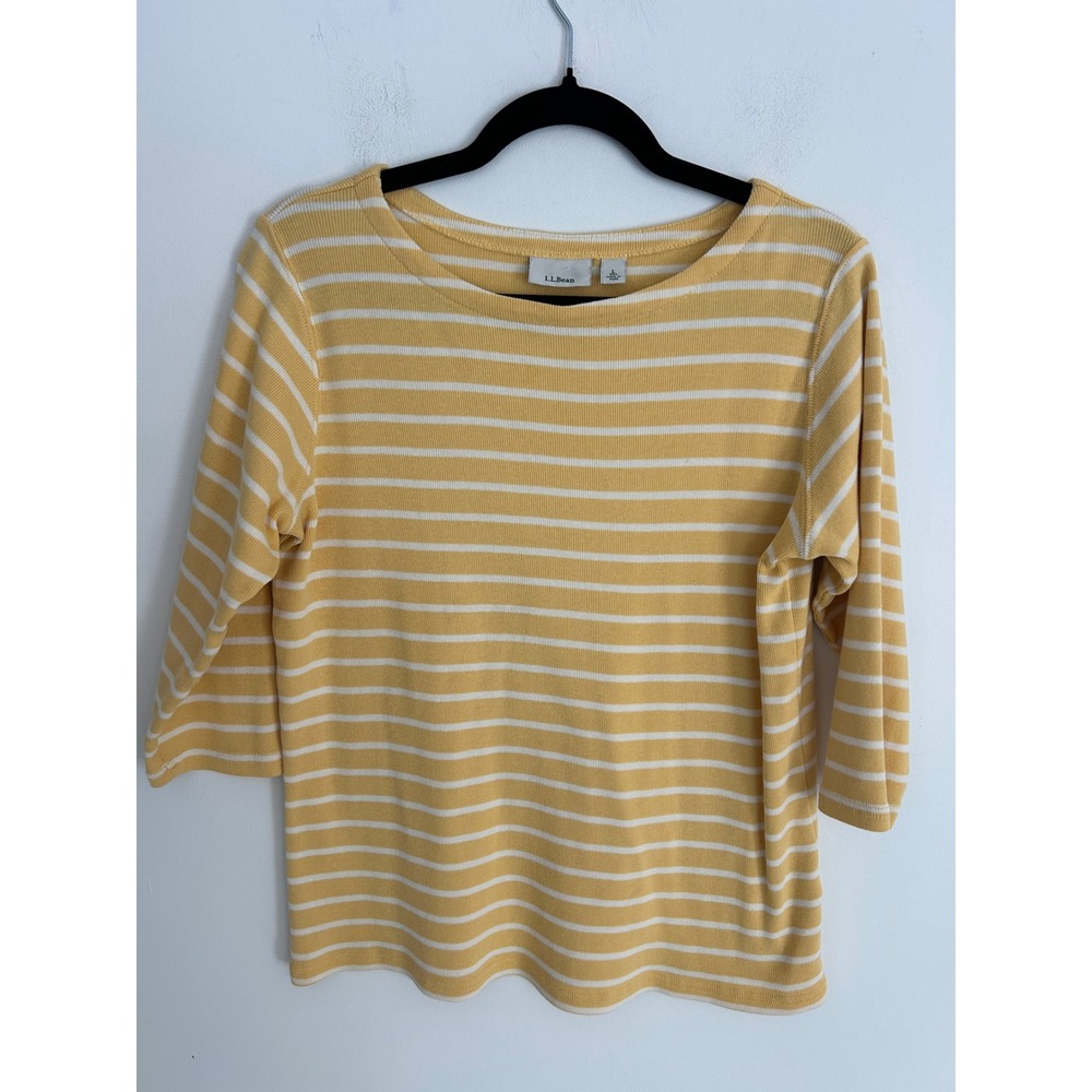 LL Bean Women Large Sunny Yellow White Striped Ribbed 100% Cotton 3/4 Sleeve Top